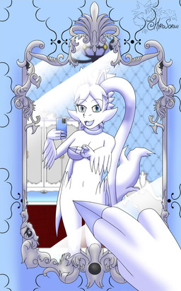 anthro bedroom breasts female hair mirror mirror_reflection reflection selfie smile smiling_at_viewer solo white_body white_hair khblacky97 nintendo pokemon rachel_kusumirai generation_5_pokemon legendary_pokemon mammal pokemon_(species) reshiram absurd_res hi_res