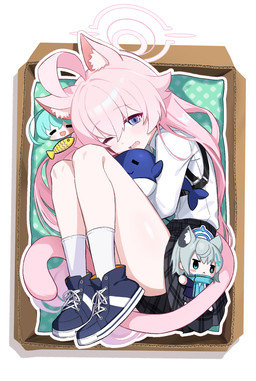 ahoge animal_ears bare_legs bent_legs black_bottomwear black_clothing black_skirt blue_clothing blue_eyes blue_footwear blue_shoes blush bottomwear clothing cute_fangs fangs female fluffy_ears footwear glistening glistening_hair grey_hair hair hair_between_eyes halo hug hugging_object hugging_plushie human_and_animal_ears humanoidized inside_box long_hair multi_ear one_eye_closed open_mouth pillow pink_hair plushie shirt shoes simple_background skirt socks tail teeth topwear white_background white_clothing white_footwear white_shirt white_socks white_topwear young young_female young_humanoid moyadoro blue_archive nexon hoshino_(blue_archive) shiroko_(blue_archive) animal_humanoid aquatic cat_humanoid felid felid_humanoid feline feline_humanoid fish humanoid mammal mammal_humanoid hi_res