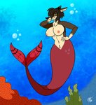 anthro blue_eyes breasts brown_body brown_fur female fur hair looking_at_viewer narrowed_eyes nipples nude pose smile solo split_form underwater water yellow_sclera unclescooter lucy_lupa canid canine canis fish hybrid mammal marine merfolk wolf 2020 digital_media_(artwork) pinup