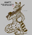 ableist_slur ambiguous_gender annoyed anthro crouching degradation dialogue dildo dildo_insertion dildo_sitting gun penetration ranged_weapon ribbed_dildo sex_toy sex_toy_insertion simple_background small_waist solo tail text textured_dildo weapon hazed01 felid feline mammal serval absurd_res english_text hi_res