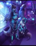 anthro black_bars blue_eyes breasts brown_hair city clothed clothing cyberpunk detailed_background female group hair male night outside standing sorafoxyteils ava_(mgl139) chloe_(mgl139) max_(mgl139) animal_humanoid canid canine felid feline humanoid mammal 2018 digital_media_(artwork)