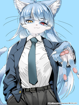 ambiguous_gender anthro blue_body blue_fur claws clothing fur hair hand_in_pocket heterochromia male necktie pawpads pockets reaching_towards_viewer school_uniform short_hair simple_background sky smug_face solo suit uniform white_body white_fur akegata_tobari asian_mythology east_asian_mythology japan_air_self-defense_force japanese_mythology mythology omaneko_(jasdf) domestic_cat felid feline felis mammal nekomata yokai hi_res