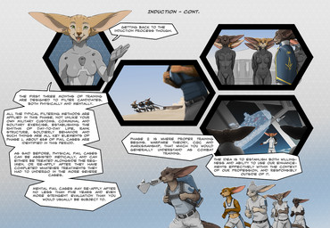 4_fingers anthro attention backpack big_ears black_clothing black_skinsuit breasts cape clothing ears_flat female fingers grey_clothing grey_suit group hands_behind_back hologram inside insignia long_ears looking_at_viewer male open_mouth outside running skinsuit skintight_suit standing suit text tight_clothing training walking white_clothing ipoke neia_(ipoke) felid feline mammal si'itiae english_text