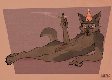 animal_genitalia anthro balls birthday brown_body brown_fur cigarette drugs eyewear fur genitals glasses male marijuana orange_eyes paws sheath skinny smile solo tail jayzac canid canine canis domestic_dog mammal wolf absurd_res hi_res