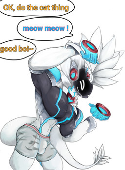 anthro bulge clothing cybernetics detailed_bulge long_tail machine male neon solo submissive submissive_male tail text underwear white_body jokaze_joro_(character) canid canine canis cyborg domestic_dog mammal nordic_sled_dog protogen samoyed spitz english_text hi_res