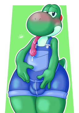 anthro balls big_butt blush bodily_fluids bulge butt clothing drooling fondling fondling_penis genitals looking_at_viewer male non-mammal_balls overalls saliva self_fondle shortalls solo thick_thighs tongue tongue_out wide_hips boyhowdy mario_bros nintendo yoshi_(character) dinosaur green_yoshi prehistoric_species reptile scalie yoshi hi_res