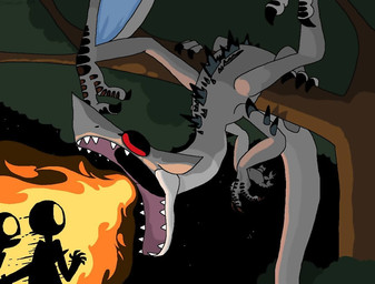 ambiguous_gender back_spikes bared_teeth black_eyes branch breath_powers burning cartoon_physics claws elemental_manipulation feral finger_claws fire fire_breathing fire_manipulation in_tree killing long_neck long_tail membrane_(anatomy) membranous_wings multi_limb night open_mouth plant scales solo spikes spikes_(anatomy) tail teeth teeth_showing toe_claws tree wings saureal european_mythology mythology dragon human mammal mythological_creature mythological_scalie scaled_dragon scalie western_dragon