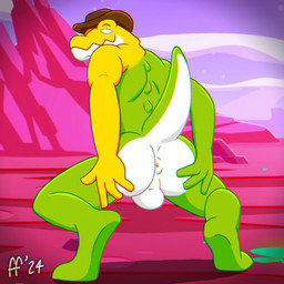 4_fingers anthro anus athletic athletic_anthro athletic_male balls biped brown_clothing brown_hat brown_headwear butt candy closed_smile clothing crouching dessert empty_eyes fingers food genitals green_body hat hat_only headgear headgear_only headwear headwear_only looking_at_viewer looking_back looking_back_at_viewer male mostly_nude mostly_nude_anthro mostly_nude_male mouth_closed multicolored_body pose raised_tail smile solo spread_butt spreading tail white_body yellow_body fabfelipe glitch_productions the_amazing_digital_circus gummigoo_(tadc) crocodile crocodilian food_creature living_candy reptile scalie 1:1 2024 chromatic_aberration digital_drawing_(artwork) digital_media_(artwork) hi_res pinup