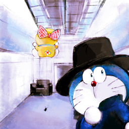 anthro bow_(feature) ceiling clothed clothing doorway duo female floor front_view fur furniture hat headgear headwear machine male rear_view red_nose sofa wall_(structure) whiskers yellow_body yellow_fur mt_tg doraemon jamiroquai virtual_insanity doraemon_(character) dorami jay_kay_(jamiroquai) arthropod domestic_cat felid feline felis mammal robot 1:1 2022 shaded