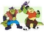 anthro bottomwear clothing duo hat headgear headwear humanoid_hands male pants shirt slightly_chubby topwear weapon mezasalvador brok_the_investigator cowcat_games brok_(brok_the_investigator) fan_character alligator alligatorid crocodilian reptile scalie 2023 absurd_res hi_res