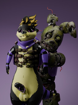 ambiguous_gender black_body black_penis blonde_hair bodily_fluids brain_damage clothing concern corpse drooling duo feral fingerless_gloves genitals gloves hair handwear head_empty male penis presenting saliva standing tongue topwear vest yellow_body roffauwu five_nights_at_freddy's five_nights_at_freddy's_3 scottgames roffa springtrap_(fnaf) william_afton_(fnaf) mammal mustelid otter hi_res