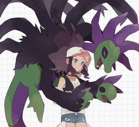 3_heads ambiguous_gender black_body black_fur blue_eyes bottomwear brown_hair clothing duo eyelashes eyes_closed fangs female feral fur hair hat headgear headwear multi_head open_mouth shorts simple_background teeth tongue himetya105 nintendo pokemon hilda_(pokemon) generation_5_pokemon human hydreigon mammal pokemon_(species) scalie shiny_pokemon 2024 hi_res