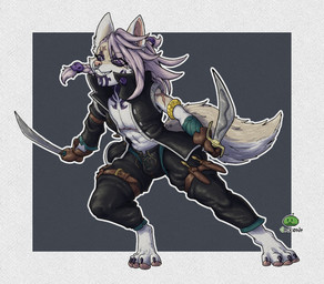accessory anthro arm_scar belt black_clothing black_sclera bracelet chest_scar clothed clothing dagger facial_piercing facial_tattoo gloves grin hair hair_accessory handwear jacket jewelry leather male melee_weapon neck_tattoo nose_piercing nose_ring open_clothing open_jacket open_topwear piercing pink_hair purple_eyes ring_piercing rogue scar short_sword simple_background smile solo spiky_hair tail tattoo thief topwear weapon geckone ells_(jesterghastly) canid canine canis coyote mammal hi_res