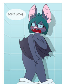 anthro bathroom blush clothed clothing eyewear female glasses nude shadow shy solo standing text pencil_bolt sonarah_(pencil_bolt) bat leaf-nosed_bat mammal microbat vampire_bat yangochiropteran absurd_res english_text hi_res