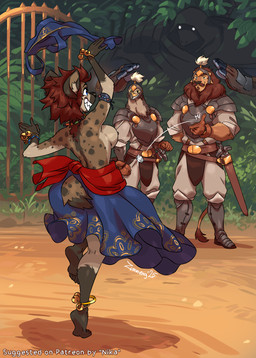 5_toes anthro barefoot brown_body brown_feathers brown_fur clothed clothing coin dancing distraction dress feathers feet female fur gloves_(marking) group imminent_death imminent_violence leg_markings looming male markings socks_(marking) toes topless topless_anthro topless_female zummeng christopher_(zummeng) nora_(zummeng) accipitrid accipitriform aquatic avian bird felid fish hyena lion mammal pantherine shark 2025 hi_res