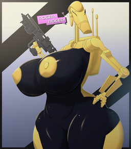 areola belly big_breasts black_sclera breasts countershading curvy_figure dialogue female genitals hand_on_hip heart_symbol holding_object holding_weapon huge_breasts huge_thighs humanoid_genitalia humanoid_vulva looking_at_viewer machine nipples non-mammal_breasts non-mammal_nipples not_furry one_eye_closed ranged_weapon solo squish standing talking_to_viewer text thick_thighs thigh_squish voluptuous vulva weapon wide_hips wink sovulsen star_wars b1_battle_droid battle_droid humanoid robot robot_humanoid 2021 absurd_res english_text hi_res