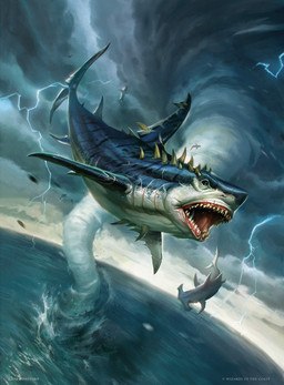 ambiguous_gender cloud detailed_background electricity feral fin flying gills group lightning open_mouth outside sea sharp_teeth solo_focus tail teeth water waterspout caio_monteiro hasbro magic:_the_gathering wizards_of_the_coast aquatic fish ground_shark hammerhead_shark shark hi_res official_art