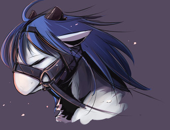 ambiguous_gender bodily_fluids bridle drooling eyebrows eyelashes eyes_closed feral fur hair horn leash long_hair muzzle_(object) muzzled purple_hair reins saliva simple_background solo tears white_body white_fur fadingsky crude_(fadingsky) windea_(fadingsky) 2014 digital_media_(artwork) headshot_portrait portrait