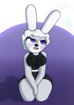 anthro big_breasts black_clothing bored bottomwear breasts clothing eyelashes female fluffy fluffy_hair fur hair kneeling long_ears open_mouth purple_eyes shirt shorts simple_background solo tank_top teeth tongue topwear white_body white_fur guak ashely_winters_(guak) humanoid lagomorph leporid mammal rabbit absurd_res hi_res