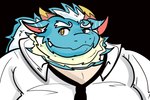 anthro belly blue_body clothing dress_shirt eyebrows facial_hair hair horn male mature_male necktie overweight shirt solo thick_eyebrows topwear white_hair yellow_eyes rinhatsuyuki lifewonders mythology tokyo_afterschool_summoners qinglong_(tas) dragon mythological_creature mythological_scalie scalie 2024 3:2 hi_res