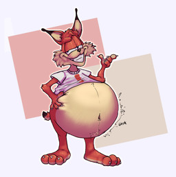 3_toes 4_fingers anthro belly belly_grab big_belly bottomless bottomless_anthro bottomless_male claws clenched_teeth clothed clothing feet fingers fur half-closed_eyes hand_on_belly male narrowed_eyes navel obese obese_anthro obese_male overweight overweight_anthro overweight_male paws shirt shirt_only smile solo standing tail teeth toes topwear topwear_only scudmum bubsy_(series) bubsy_bobcat bobcat felid feline lynx mammal 2023 colored colored_sketch digital_drawing_(artwork) digital_media_(artwork) shaded sketch