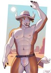 anthro brown_body brown_fur clothed clothing cowboy_hat desert ear_piercing ear_tag facial_piercing flaccid front_view fur furry-specific_brand genitals hair hat headgear headwear horn humanoid_genitalia humanoid_penis jockstrap jockstrap_only male muscular muscular_anthro muscular_male nipples nose_piercing nose_ring outside penis piercing ring_piercing septum_piercing septum_ring sky solo standing sun tail tail_tuft topless translucent translucent_clothing tuft underwear underwear_only white_body white_fur white_hair sigma_x montana_bull bovid bovine cattle mammal 2023 hi_res