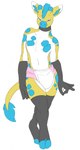 ageplay anthro blue_eyes blue_hair blue_markings closed_smile clothed clothing diaper front_view hair infantilism looking_at_viewer male markings mouth_closed narrowed_eyes roleplay smile solo standing wearing_diaper white_body yellow_body hardscales giraffe giraffid mammal full-length_portrait hi_res portrait