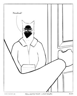 ambiguous_gender anthro beak black_beak border box clothing collared_shirt container dialogue door duo eyebrows male opening_door shirt simple_background smile topwear white_background white_border sharkinthepark maccaw_(sharkinthepark) avian bird owl 2024 4:5 absurd_res black_and_white comic hi_res monochrome