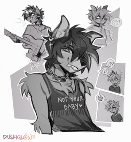 alternative_fashion ambiguous_gender anthro ball bra breasts chain_necklace clothing collar electric_guitar fur guitar hair heart_symbol jewelry musical_instrument necklace open_mouth playing_guitar playing_music plucked_string_instrument pointy_ears shirt small_breasts smile solo speech_bubble spiked_collar spikes string_instrument t-shirt tank_top teeth tennis_ball text text_on_clothing text_on_shirt text_on_tank_top text_on_topwear topwear translucent translucent_clothing translucent_shirt translucent_tank_top translucent_topwear underwear duskiglow canid canine canis mammal wolf 2025 english_description english_text greyscale hi_res monochrome multiple_scenes nonbinary_(lore)