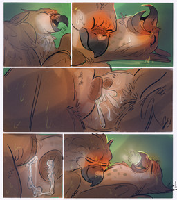 after_transformation anatomically_correct anatomically_correct_genitalia animal_genitalia base_three_layout beak blockage_(layout) blush bodily_fluids breath brown_body cloaca cloacal cloacal_kiss cum cum_from_cloaca cum_in_cloaca cum_inside duo feathers female feral feral_on_feral five_frame_image forest forest_background genital_fluids genitals green_background horizontal_blockage laying_on_top lying male male/female nature nature_background on_back panting plant sex simple_background three_row_layout transformation tree wings zoba_(artist) yksteldus accipitrid accipitriform avian bird buteo chickenhawk red-tailed_hawk comic digital_media_(artwork) hi_res