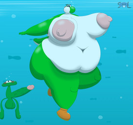air_bubble anthro areola balls belly big_areola big_balls big_belly big_breasts big_butt big_cheeks big_nipples big_penis breasts bubble butt chubby_cheeks clothing deep_navel duo female footwear genitals holding_breath male navel nipples obese obese_anthro obese_female overweight overweight_anthro overweight_female penis puffed_cheeks shoes tail underwater vein veiny_penis water solandartist75 mario_bros nintendo yoshi_and_the_mysterious_book emma_bailey_(solandartist75) glubbit yoshi_(character) aquatic fish absurd_res hi_res