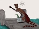 ambiguous_gender anthro docks english_text fishing hi_res long_body mammal markings mid_transformation out-of-placers slow_transformation solo speech_bubble striped_markings striped_tail stripes tail tail_markings text transformation welcometaco whiskers yinglet