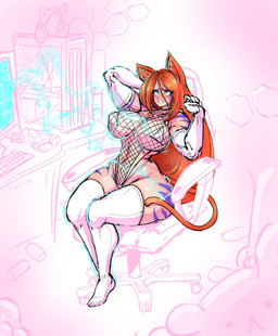 armwear bite biting_lip biting_own_lip blue_eyes breasts clothing computer electronics female fingers fishnet_clothing hair headphones legwear orange_hair self_bite solo teeth gausscannon animal_humanoid cat_humanoid felid felid_humanoid feline feline_humanoid humanoid mammal mammal_humanoid 2024 absurd_res hi_res