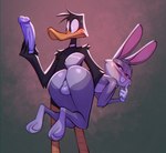 anthro backsack balls biped black_body bodily_fluids buckteeth butt carrying_another dildo duo femboy genitals grey_body humanoid_dildo looking_back male nude pupils sex_toy smile sweat teeth thick_thighs bigdad looney_tunes warner_brothers bugs_bunny daffy_duck anatid anseriform avian bird duck lagomorph leporid mammal rabbit