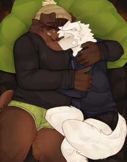 acne anthro bandage bandage_on_face bed bodily_fluids brown_body brown_fur claws clothing cuddling dreadlocks drooling duo ear_piercing facial_hair floppy_ears freckles fur furniture hand_on_another's_shoulder hand_on_arm hand_on_shoulder honk_shoo male male/male markings mole_(marking) mustache nub_tail piercing pillow pink_nose ring romantic romantic_couple saliva scar scars_all_over size_difference sleeping snoring tail thick_thighs underwear white_body white_fur cerberussenn louie_sweeto_(cerberussenn) rj_holiday_(cerberussenn) canid canine canis domestic_dog livestock_guardian_dog mammal molosser mountain_dog pastoral_dog tibetan_mountain_dog wolf absurd_res hi_res