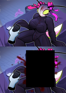 ambiguous_gender antennae_(anatomy) anthro bed big_breasts black_bodysuit black_clothing black_latex black_skinsuit blood bodily_fluids bodysuit breasts cellphone clothing controller death disembodied_hand duo electronics female furniture gore green_body green_eyes latex latex_bodysuit latex_clothing latex_skinsuit multicolored_body phone remote_control skinsuit smartphone snuff solo_focus tail tears tight_clothing two_tone_body white_body rem_phase arthropod insect mantis 2026 censored comic hi_res