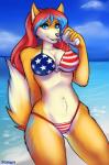 american_flag american_flag_bikini anthro beach big_breasts bikini black_nose blue_eyes blue_hair breasts camel_toe clothed clothing cloud detailed_background female flag flag_bikini flag_clothing flag_print flag_swimwear fur hair looking_at_viewer navel nipple_outline orange_body orange_fur outside print_bikini print_clothing print_swimwear red_hair sand seaside skimpy sky smile solo swimwear tan_body tan_fur two-piece_swimsuit united_states_of_america porin grace_kaiser canid canine fox mammal digital_media_(artwork) hi_res