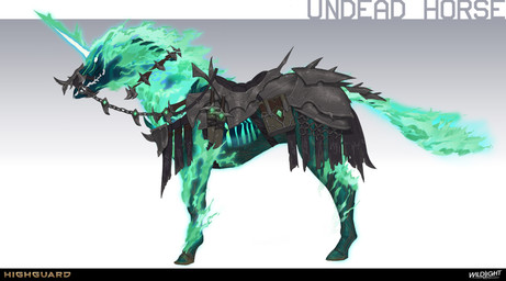 ambiguous_feral ambiguous_gender armor black_armor blue_body blue_hooves blue_skin blue_teeth book butt chain clothed clothed_ambiguous clothed_feral clothing colored_fire company_name dagger feral fire flaming_hair flaming_mane flaming_tail glowing glowing_horn gradient_background green_fire green_mane green_tail hooves horn light long_horn mane melee_weapon mouth_closed multicolored_body multicolored_tail pseudo_hair pseudo_mane quadruped reins saddle sheathed_dagger short_mane side_view simple_background solo standing tail teal_mane teal_tail teeth text unguligrade weapon white_eyes white_horn nicholas_patrick_kelana highguard_(game) mythology equid equine hybrid mammal mythological_creature mythological_equine undead unicorn 2026 absurd_res colored concept_art digital_drawing_(artwork) digital_media_(artwork) english_description english_text hi_res lighting official_art shaded