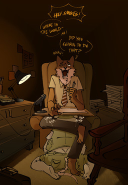 accessory anthro bottomwear clothing detailed_background dialogue duo fellatio fisherman furniture inside male male/male necktie oral penile sex shirt shorts sitting slightly_chubby sofa tail text topwear under_table pb-art fantastic_mr._fox kylie_sven_opossum mr._fox_(fantastic_mr._fox) american_opossum canid canine fox mammal marsupial virginia_opossum 2026 english_text hi_res
