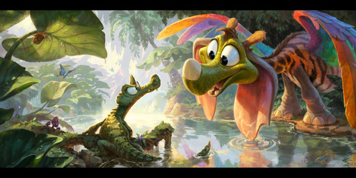 ambiguous_gender angry black_bars detailed_background duo feathered_wings feathers feral forest fur green_body green_scales horn lake open_mouth palm_tree partially_submerged plant quadruped scales smile tail teeth tree water wings tommy_kinnerup ambient_arthropod ambient_butterfly ambient_insect chimera crocodile crocodilian reptile scalie 2021 absurd_res digital_media_(artwork) hi_res letterbox