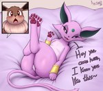 blush butt dialogue duo evolutionary_family eyelashes feet female feral foot_focus forked_tail fur genitals lying on_back open_mouth pawpads paws pupils purple_body purple_fur pussy smile soles tail text thick_thighs toes unusual_anatomy unusual_tail an-tonio nintendo pokemon silvia_(an-tonio) eevee eeveelution espeon generation_1_pokemon generation_2_pokemon pokemon_(species) 2024 absurd_res hi_res