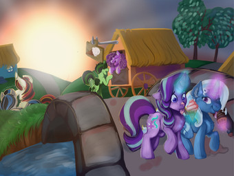 bridge cart dessert detailed_background female food group horn ice_cream magic male plant smile sun tree water veesocks friendship_is_magic hasbro my_little_pony mythology starlight_glimmer_(mlp) trixie_(mlp) equid equine horse mammal mythological_creature mythological_equine unicorn 2017 digital_media_(artwork) digital_painting_(artwork) hi_res painting_(artwork)