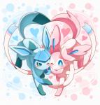 ambiguous_gender big_ears blue_body blue_eyes blue_fur blue_paws blush daww duo feral fur heart_symbol looking_at_viewer paws pink_body pink_fur pink_paws ribbons simple_background smile walking white_body white_fur nell_two nintendo pokemon eeveelution generation_4_pokemon generation_6_pokemon glaceon pokemon_(species) sylveon