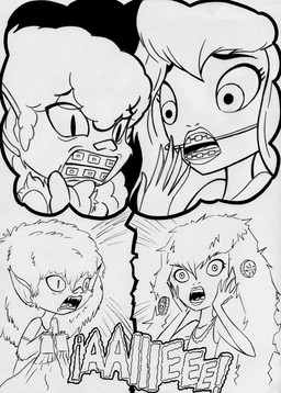 braces fangs female lips orthodontic_headgear teeth elfranco ghoul_school hanna-barbera mythology scooby-doo_(series) sibella_dracula winnie_werewolf_(ghoul_school) canid canine humanoid mammal mythological_canine mythological_creature vampire werecanid werecanine werecreature werewolf absurd_res hi_res monochrome