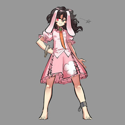 5_toes accessory barefoot black_hair bottomwear breasts carrot clothing crossed_fingers cuff_(restraint) feet female floppy_ears food frilly frilly_bottomwear frilly_clothing frilly_shirt frilly_skirt frilly_topwear fur grey_background hair hand_on_hip looking_at_viewer markings mole_(marking) mole_on_cheek necktie no_pupils one_eye_closed pink_body pink_bottomwear pink_clothing pink_fur pink_shirt pink_skirt pink_topwear plant red_eyes restraints shackles shirt simple_background skirt small_breasts smile smiling_at_viewer solo star_symbol toes topwear vegetable wink winking_at_viewer kaibootsu touhou tewi_inaba animal_humanoid humanoid lagomorph lagomorph_humanoid leporid_humanoid mammal mammal_humanoid rabbit_humanoid 1:1 2023 hi_res