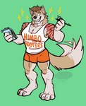 anthro biceps bottomwear clothing male muscular muscular_anthro muscular_male note_pad pecs shorts simple_background smile smiling_at_viewer solo tail tail_motion tailwag uniform skdaffle himbo_hooters jamie_(jethrobuck) canid canine canis mammal wolf absurd_res hi_res