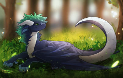 claws day feet feral forest hair horn looking_back lying male on_front outside plant smile solo tail teeth toes tree wings magenta7 mythology dragon mythological_creature mythological_scalie scalie 2026 digital_drawing_(artwork) digital_media_(artwork) hi_res