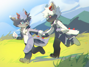 2_horns 4_fingers anthro biped blue_eyes chest_tuft day duo eye_contact fingers fluffy fluffy_tail fur grass grass_field grey_body grey_fur hand_holding horn kemono light looking_at_another male mountain multicolored_body multicolored_fur outside plant red_eyes running shadow sunlight tail tuft white_body white_fur zibao999 canid canine canis mammal wolf 2025 4:3 cel_shading chromatic_aberration digital_drawing_(artwork) digital_media_(artwork) film_grain hi_res shaded wallpaper