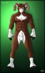 animal_genitalia anthro balls blue_eyes fully_sheathed genitals green_background male nude pose sheath simple_background solo ashbearfox_(artist) bovid caprine goat mammal hi_res pinup unavailable_at_source