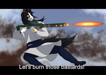 anthro arabian_clothing black_hair brown_body caption cybernetics fake_screencap gun hair long_hair machine male ranged_weapon rifle solo weapon white_body yellow_eyes quantum_lapiz sahir_alanka arabian_horse equid equine horse mammal